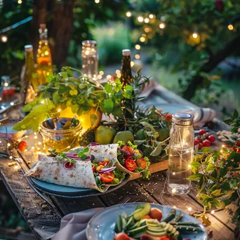 Gourmet salad wraps served on a garden table with lights - Image 2