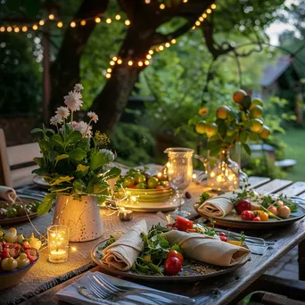 Gourmet salad wraps served on a garden table with lights - Image 3