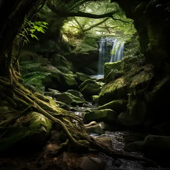 Tranquil alcove with a waterfall in a lush forest understory. - Image 2