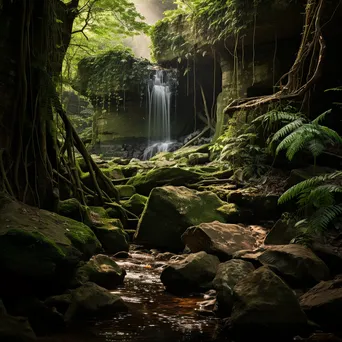 Tranquil alcove with a waterfall in a lush forest understory. - Image 3