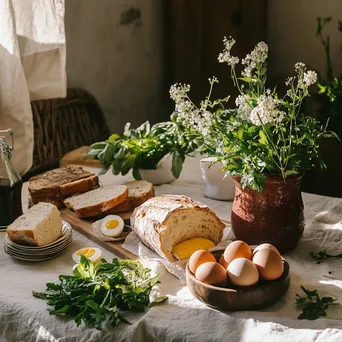 Organic brunch featuring eggs and artisan bread displayed on a linen tablecloth with morning light. - Image 1