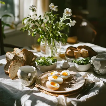 Organic brunch featuring eggs and artisan bread displayed on a linen tablecloth with morning light. - Image 2