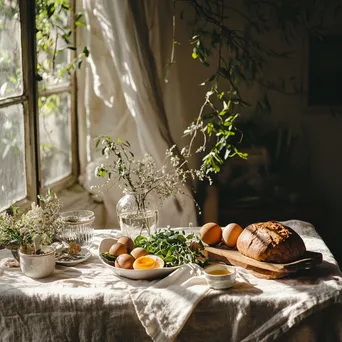 Organic brunch featuring eggs and artisan bread displayed on a linen tablecloth with morning light. - Image 4