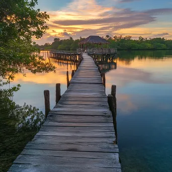 Wooden pier extending into lagoon on tropical island - Image 1