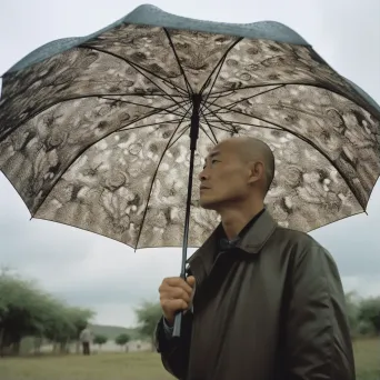 Man holding umbrella under clear sky with raindrops falling inside - Image 1