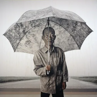 Man holding umbrella under clear sky with raindrops falling inside - Image 3