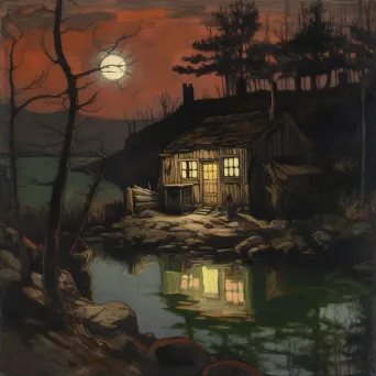 Cabin by lake at night with warm glowing lights - Image 2