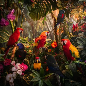 Diverse array of colorful tropical birds perched in a lush aviary - Image 1