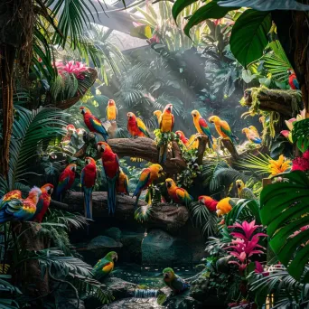 Diverse array of colorful tropical birds perched in a lush aviary - Image 4