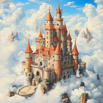 Colorful and whimsical castle in the clouds with an array of chaotic elements - Image 1