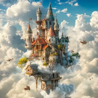 Colorful and whimsical castle in the clouds with an array of chaotic elements - Image 4