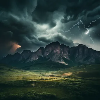 Thunderstorm with lightning striking mountains under dramatic clouds. - Image 1