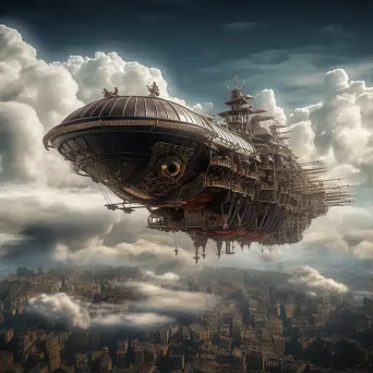 Steampunk airship above city with gears and steam accents - Image 1