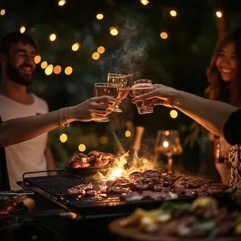 Friends toasting with drinks by a grill at dusk - Image 2