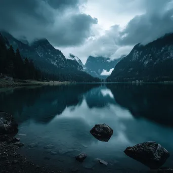 Thunderstorm over tranquil alpine lake reflecting dark clouds - Image 1