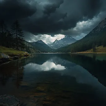 Thunderstorm over tranquil alpine lake reflecting dark clouds - Image 3