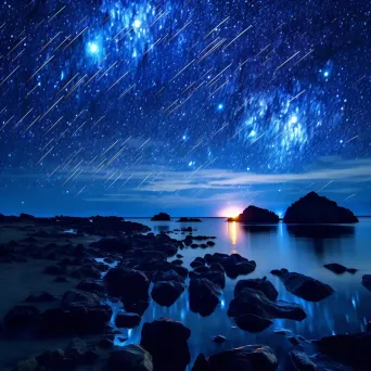 Illustration of a vibrant meteor shower streaking across a deep blue night sky - Image 1