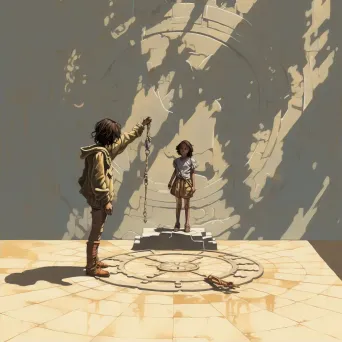 Child and elder holding hands before a sundial casting a long shadow - Image 2