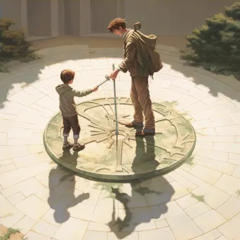 Child and elder holding hands before a sundial casting a long shadow - Image 4