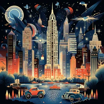 Art Deco depiction of 1920s New York cityscape with jazz clubs - Image 3