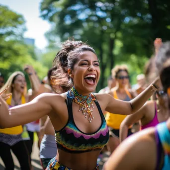 Participants participating in an outdoor Zumba class in a sunny park setting. - Image 4