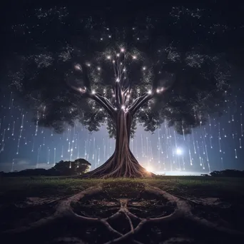 An upside down tree with roots in the sky against a star-filled background. - Image 2