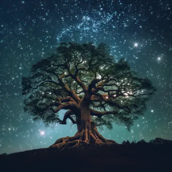 An upside down tree with roots in the sky against a star-filled background. - Image 3