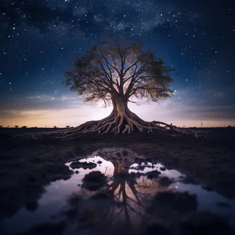 An upside down tree with roots in the sky against a star-filled background. - Image 4