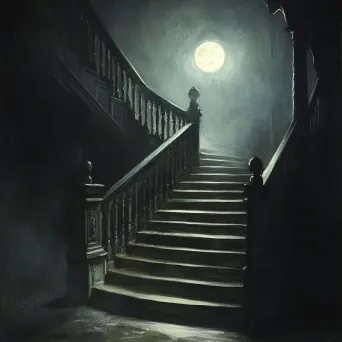 Eerie chiaroscuro scene of a winding staircase in a haunted manor under moonlight - Image 3