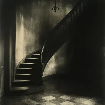 Eerie chiaroscuro scene of a winding staircase in a haunted manor under moonlight - Image 4