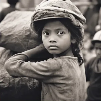 Young girl in child labor carrying heavy load on construction site - Image 2