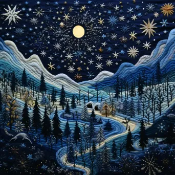 Embroidered art of a starry winter night with aurora borealis in Nordic setting - Image 2