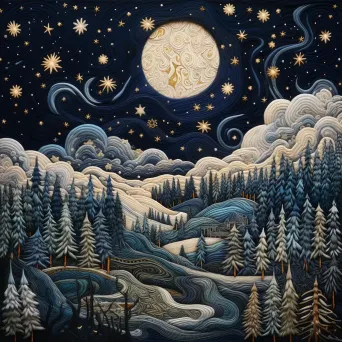 Embroidered art of a starry winter night with aurora borealis in Nordic setting - Image 4