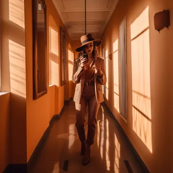 Fashion influencer taking selfies in corridor - Image 4