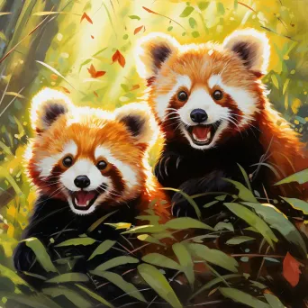 Two red pandas playing in bamboo forest - Image 1