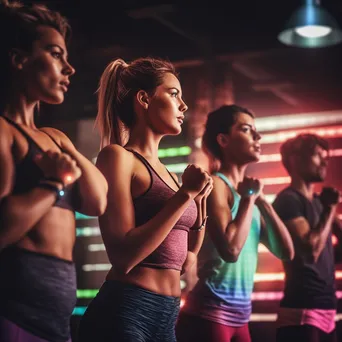 Group of participants in a fitness class monitoring heart rates on fitness trackers - Image 1