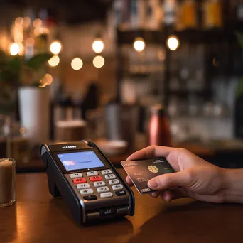 Hand holding a credit card in front of a digital payment terminal showing cryptocurrency options in a cafe. - Image 1