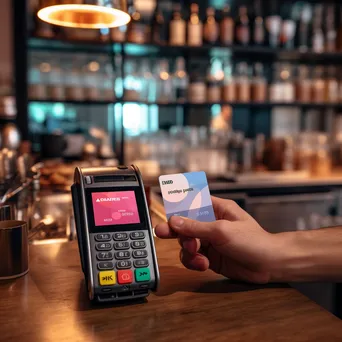 Hand holding a credit card in front of a digital payment terminal showing cryptocurrency options in a cafe. - Image 3