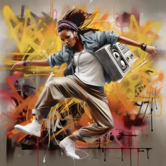 Hip-hop dancer in action with graffiti art and a boombox in the background - Image 1