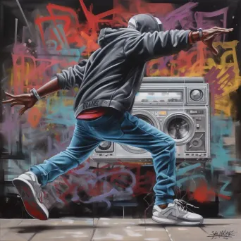 Hip-hop dancer in action with graffiti art and a boombox in the background - Image 2