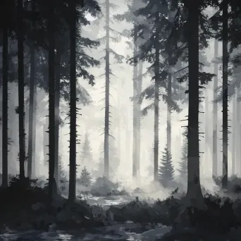 Low poly representation of a dense forest enveloped in fog, in monochrome with color accents - Image 1