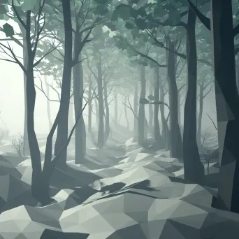 Low poly representation of a dense forest enveloped in fog, in monochrome with color accents - Image 2