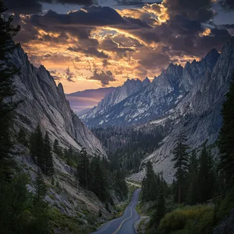 Mountain pass under granite cliffs and dramatic sky - Image 1