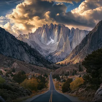 Mountain pass under granite cliffs and dramatic sky - Image 3