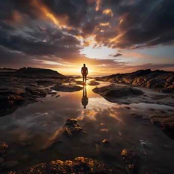 Lone figure walking along rock pools at sunset - Image 3