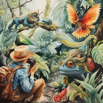 Watercolor depiction of an explorer studying fantastical creatures in Amazon rainforest - Image 1