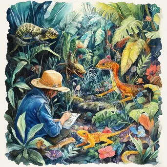 Watercolor depiction of an explorer studying fantastical creatures in Amazon rainforest - Image 2