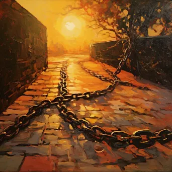 Rusty iron chain snapped in two under a golden evening sunset - Image 1