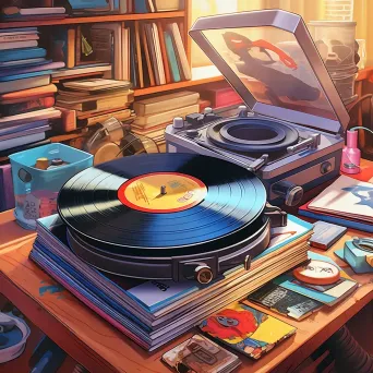 Vintage record player with spinning vinyl albums - Image 1