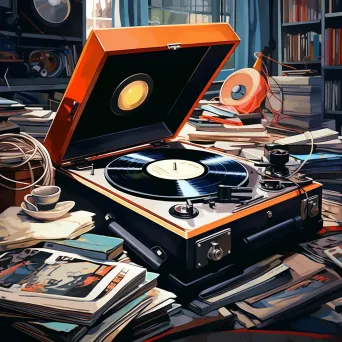 Vintage record player with spinning vinyl albums - Image 4